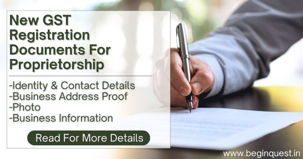 "New GST registration documents for proprietorship – PAN card, Aadhaar, bank proof, and address proof with support from a business consultant in Lucknow."