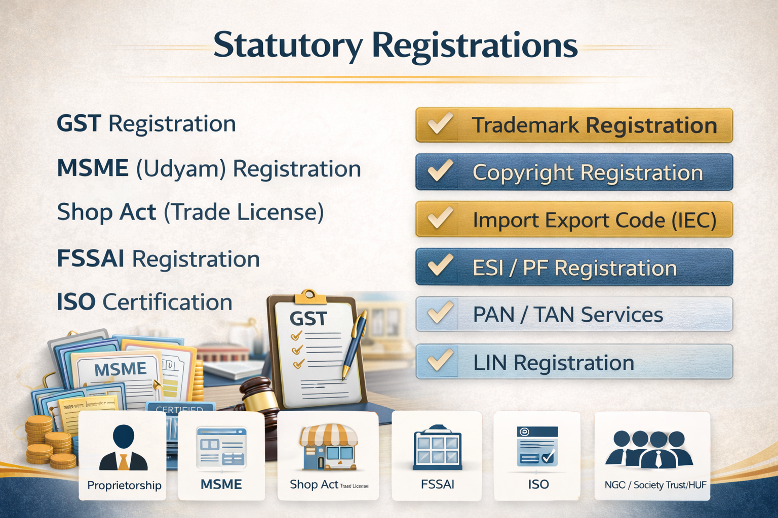 Business registration services including GST, MSME, FSSAI and Shop Act registration in India