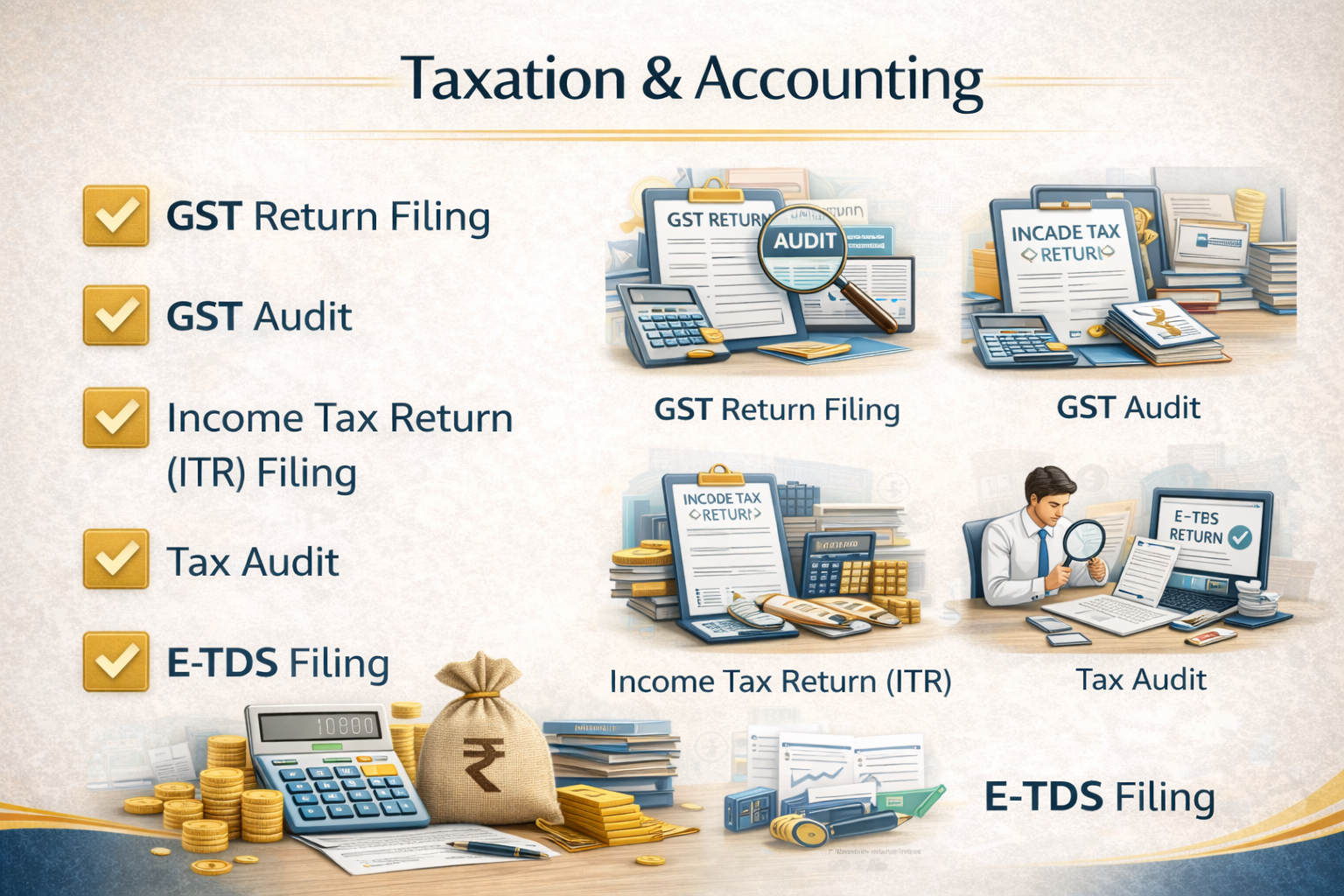 Taxation and accounting services including GST return filing, ITR, TDS filing, tax audit and balance sheet preparation in India