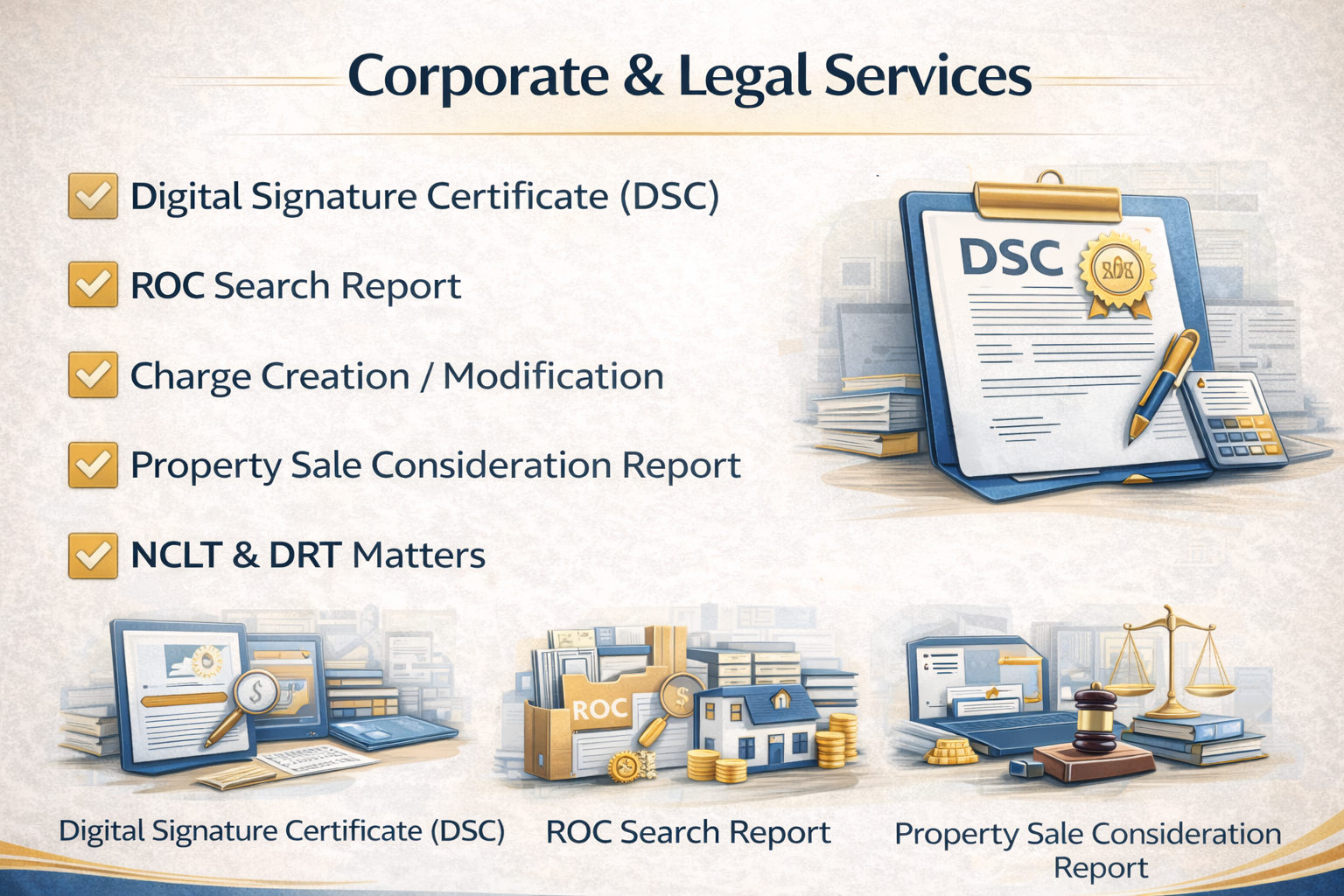 Corporate and legal services including DSC, ROC search report, project report, NCLT and DRT matters in India