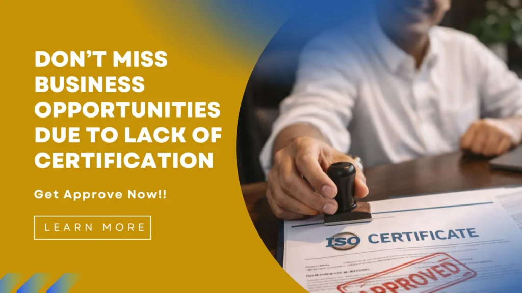 Approved ISO certificate document on office desk with government tender portal on laptop screen, Indian business owner after successful ISO certification in India.