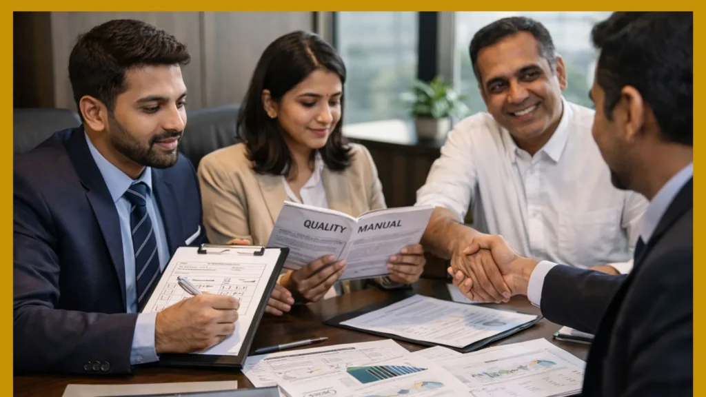 ISO certification audit meeting in India with auditor reviewing quality management system documents and compliance checklist before ISO certificate approval.