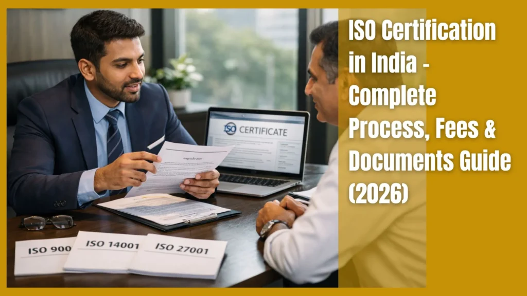 ISO certification consultant explaining ISO 9001, ISO 14001 and ISO 27001 registration process to Indian business owner in modern corporate office, laptop showing ISO certificate draft.