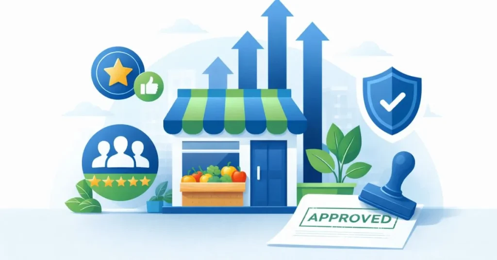 Benefits of FSSAI registration showing business growth, customer trust badge and legal compliance approval