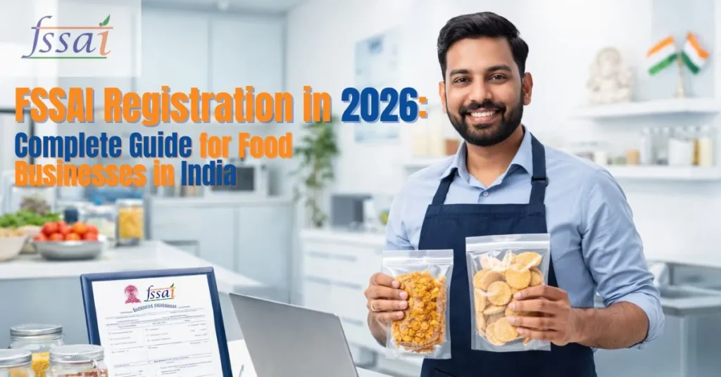 FSSAI Registration 2026 in India – food entrepreneur working in hygienic kitchen with packaged products and compliance documents