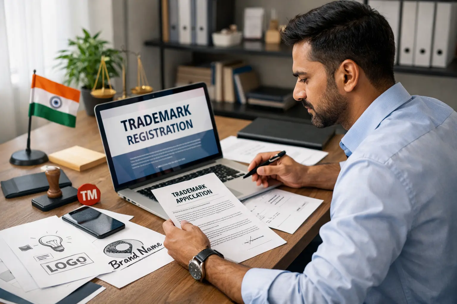 Step-by-step infographic showing trademark registration process in India including search, application filing, examination, journal publication, and final registration